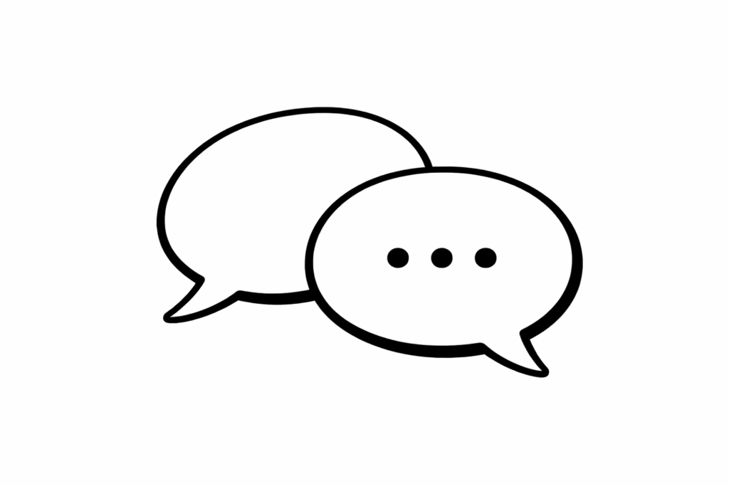 Speech bubbles representing communication and community participation.